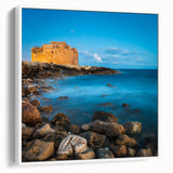Vintage poster art of a European Cyprus landscape in vibrant colors on a white-framed canvas, suitable for living room decor.