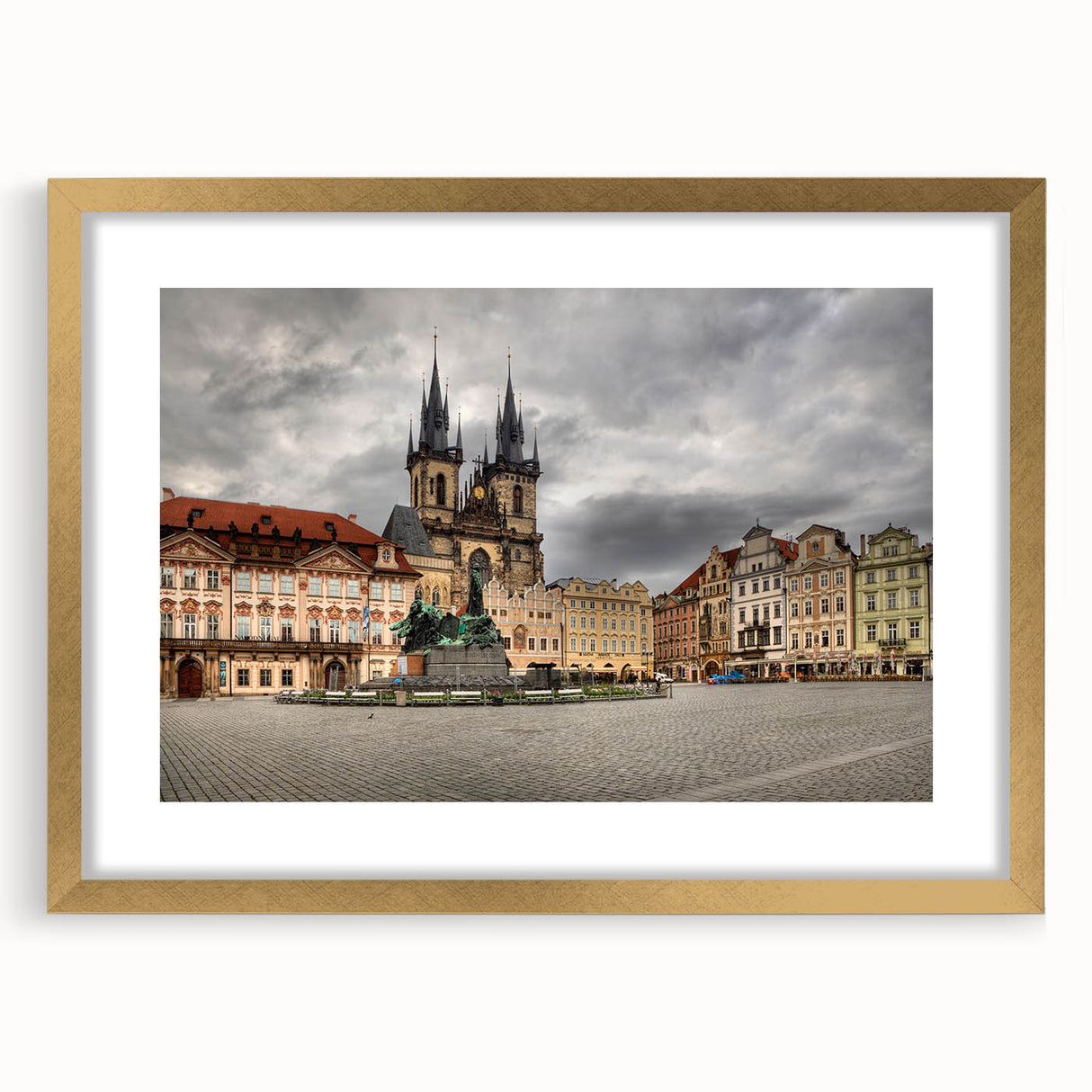 Extra large abstract art print of Prague skyline in textured gold frame, ideal for living room decor.