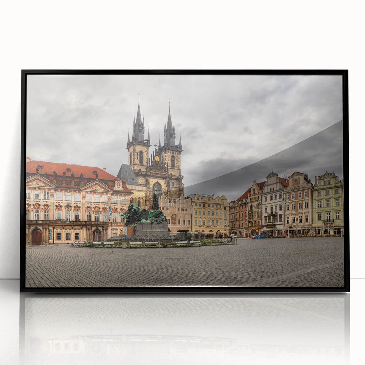 Large abstract wall art depicting Prague's cityscape in muted gray and blue acrylic, framed, ideal for modern office decor.
