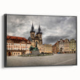 Black and white framed canvas of Prague landscape featuring vintage poster art style, suitable for bedroom wall decor.