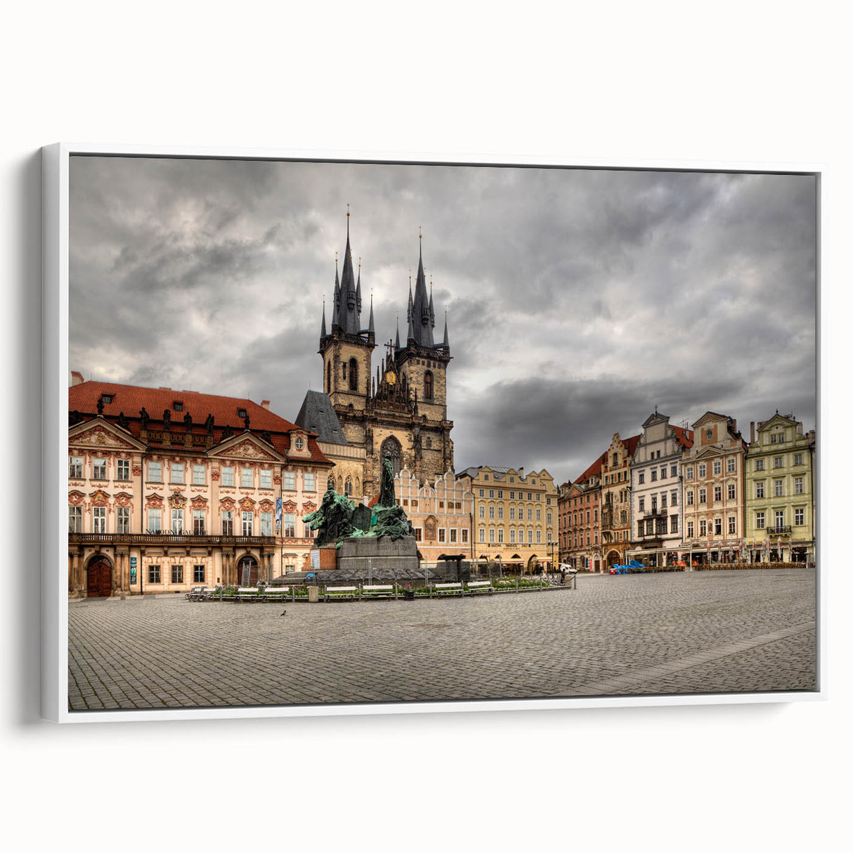 Vintage poster art of Prague scenery in colorful hues on extra large framed canvas, ideal for living room decor.
