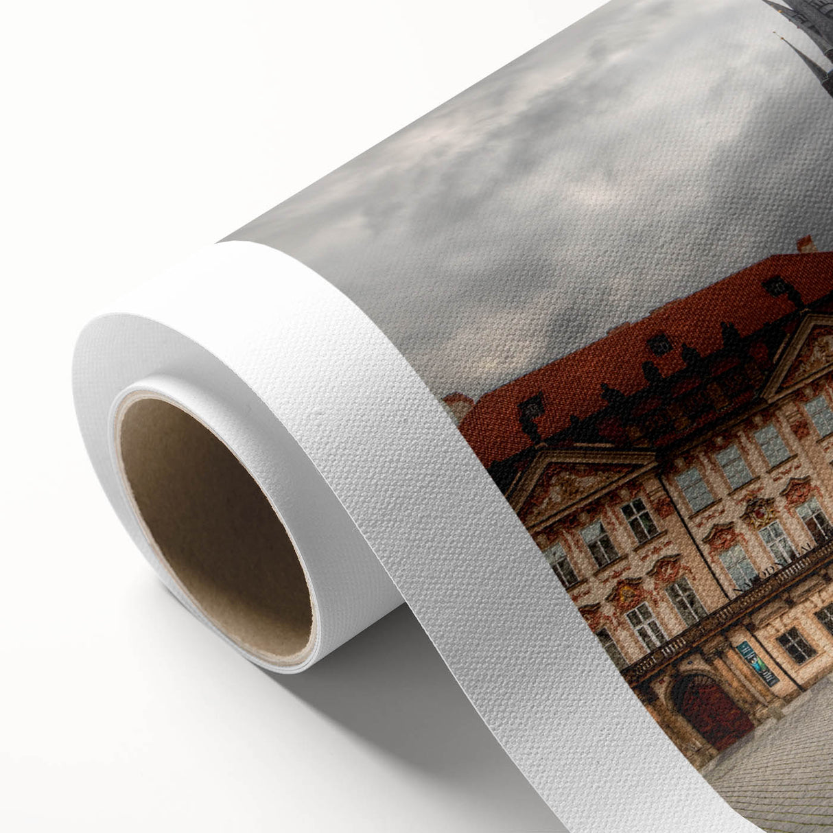 Art deco poster of Prague skyline in pastel shades on rolled canvas, ideal for nursery wall art.