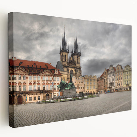 Prague cityscape canvas print featuring muted earthy tones, ideal for kitchen wall art.