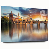 Acrylic print of a large abstract depiction of a European cityscape in muted gray and blue tones.