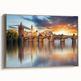 Framed canvas depicting a vintage-style landscape of the Czech Republic in muted gold and black tones.
