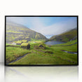 Large abstract wall art featuring a Danish landscape in muted gray and blue tones, framed in black acrylic.