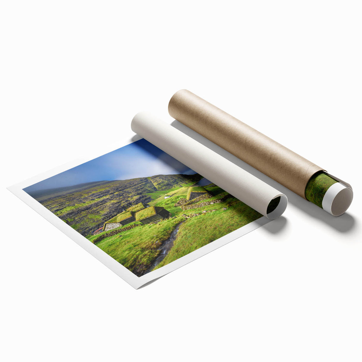 Extra large rolled print of a serene Danish landscape with soft floral elements in muted greens and blues.