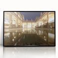Large abstract wall art depicting a European cityscape in muted gray and blue tones, framed in black acrylic.