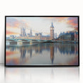 Large abstract wall art of Big Ben in muted gray and blue tones on a framed acrylic, suitable for modern living room decor.