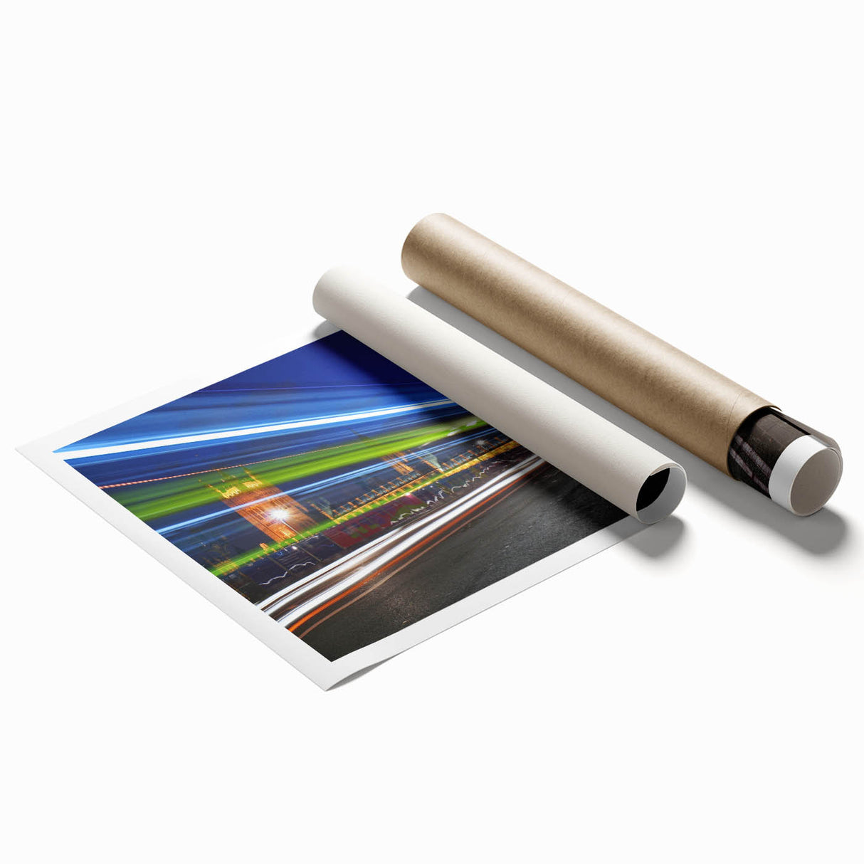 Extra large rolled print of London scenery with floral elements in soft color tones, ideal for classy bathroom wall art.
