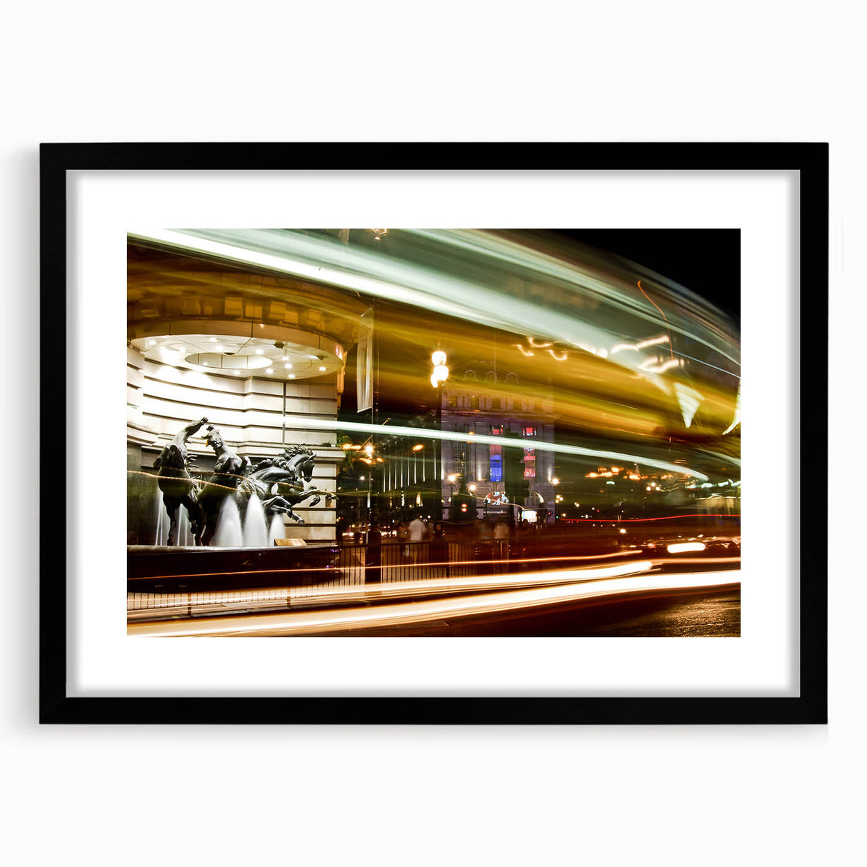 Extra large abstract art print of Piccadilly, England, featuring vibrant, colorful textures on a framed black mat.