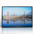 Large abstract wall art of the Thames River in muted gray and blue tones, framed in black acrylic.