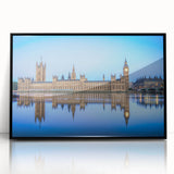 Large abstract wall art of the Thames River in muted gray and blue tones, framed in black acrylic.