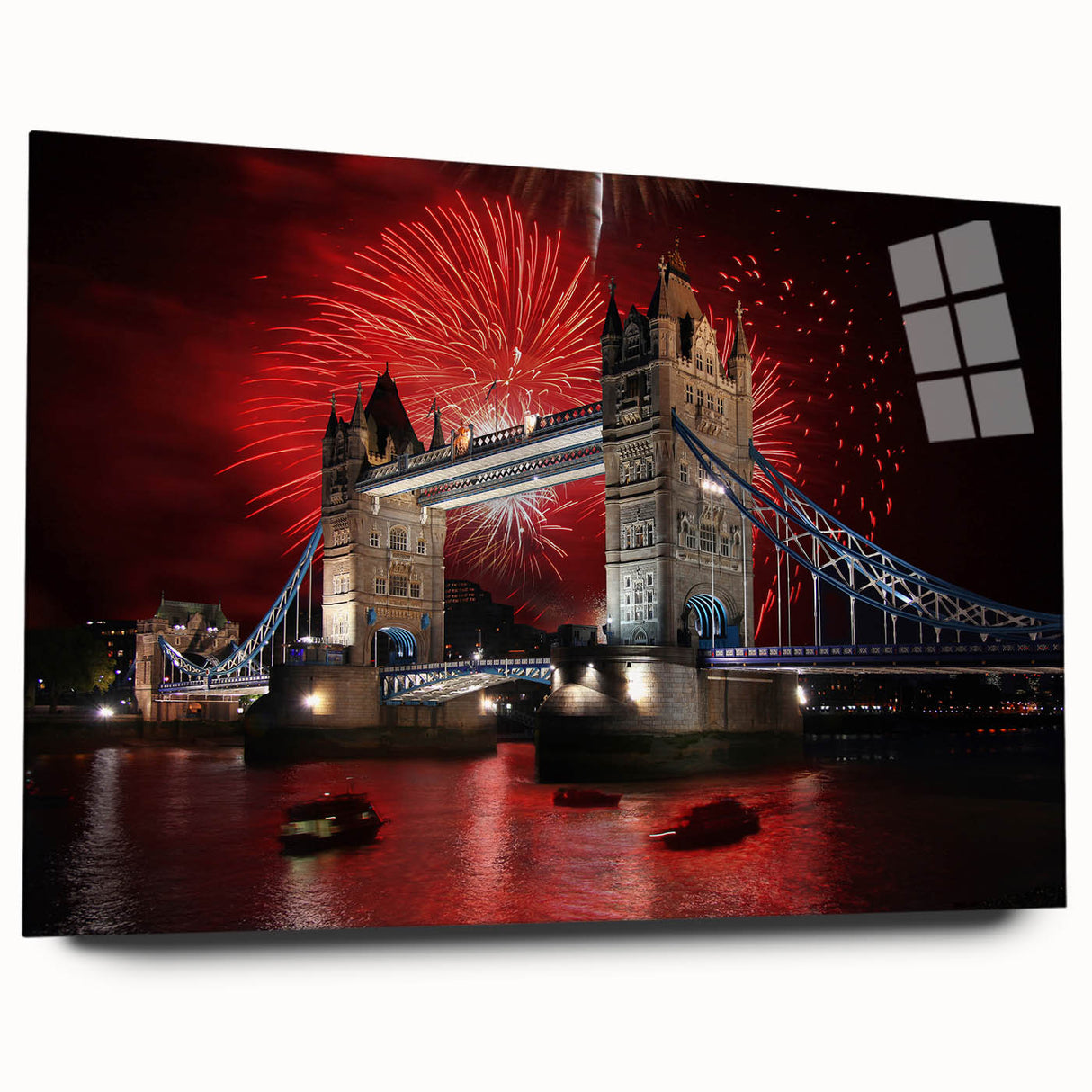 Acrylic print of Tower Bridge in muted blues and grays, suitable for bedroom or dining room art.