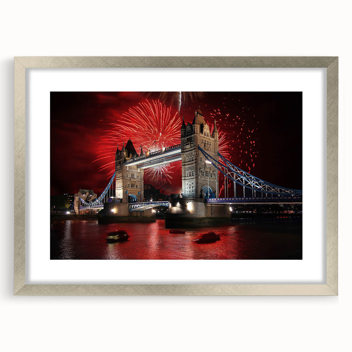 Extra large framed print of abstract Tower Bridge with textured art in muted tones, ideal for living room decor.