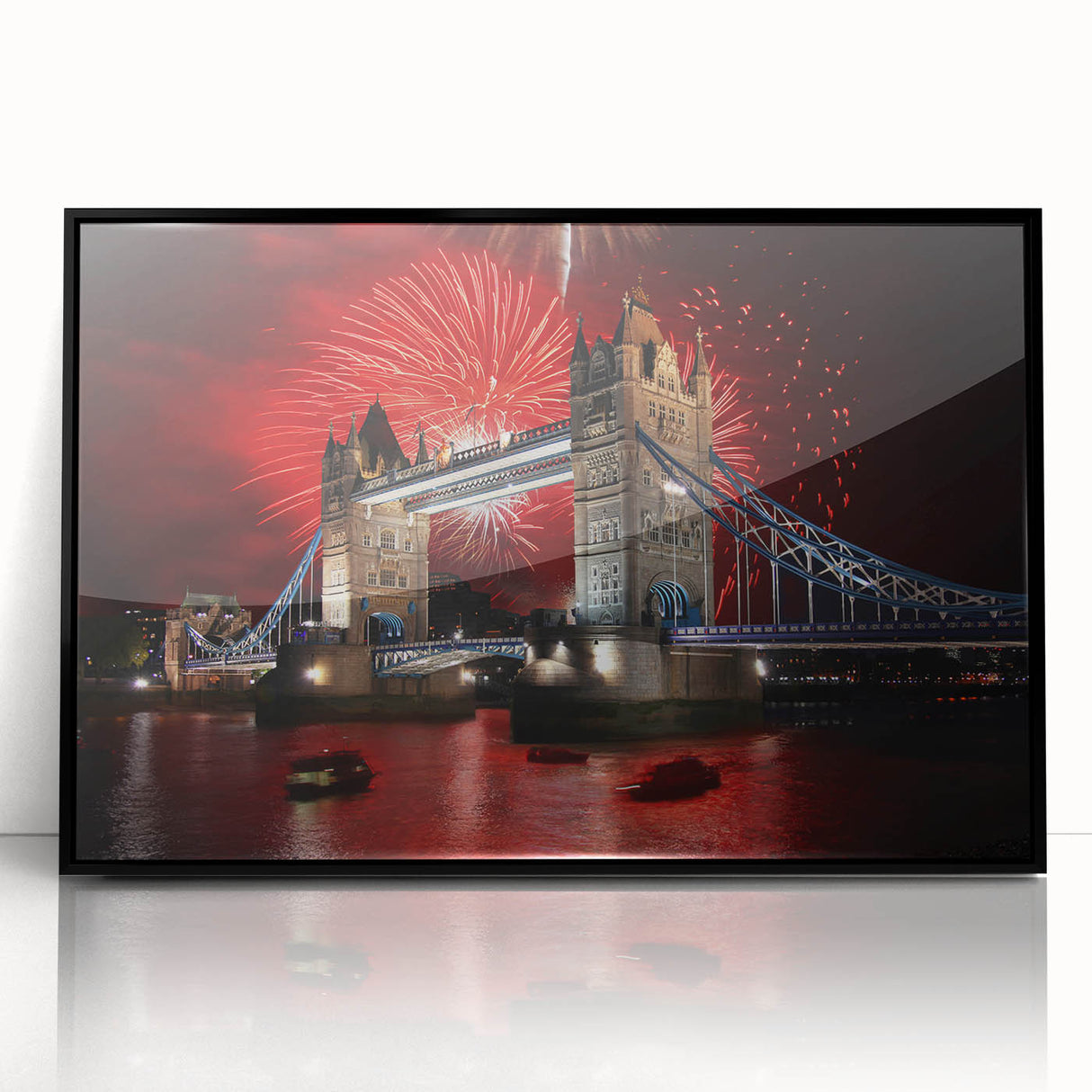 Large abstract wall art depicting the Tower Bridge in muted grays and blues on a framed acrylic.