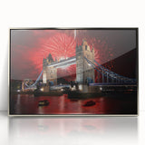Mid-century modernist style Tower Bridge with muted blue and gray tones on a framed acrylic print.