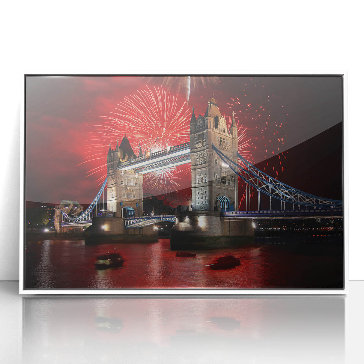 Mid-century modernist art of Tower Bridge in muted sepia tones on a framed acrylic, suitable for nursery wall decor.