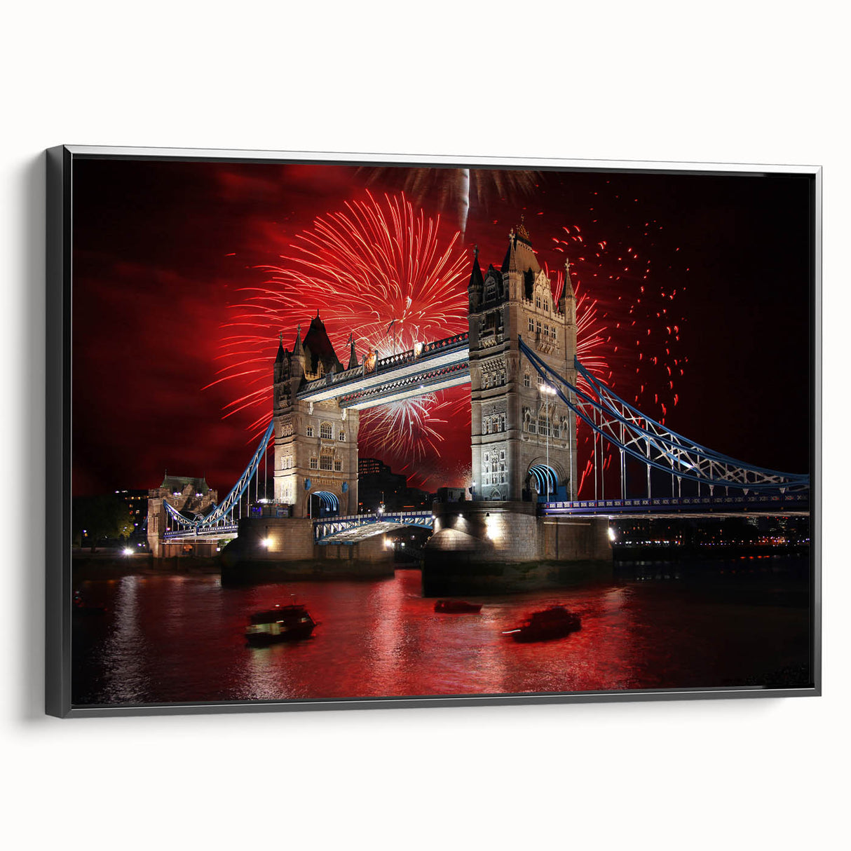 Black and white framed canvas of Tower Bridge, ideal for bedroom wall decor, in a vintage poster art style.