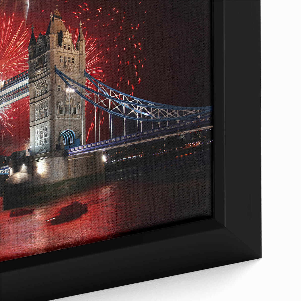 Extra large black wall art of Tower Bridge in textured style with colorful accents on framed canvas.