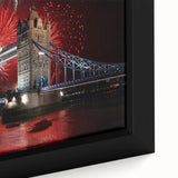 Extra large black wall art of Tower Bridge in textured style with colorful accents on framed canvas.