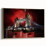 Framed canvas depicting the Tower Bridge in muted gold and black tones, suitable as wall art for a bedroom.