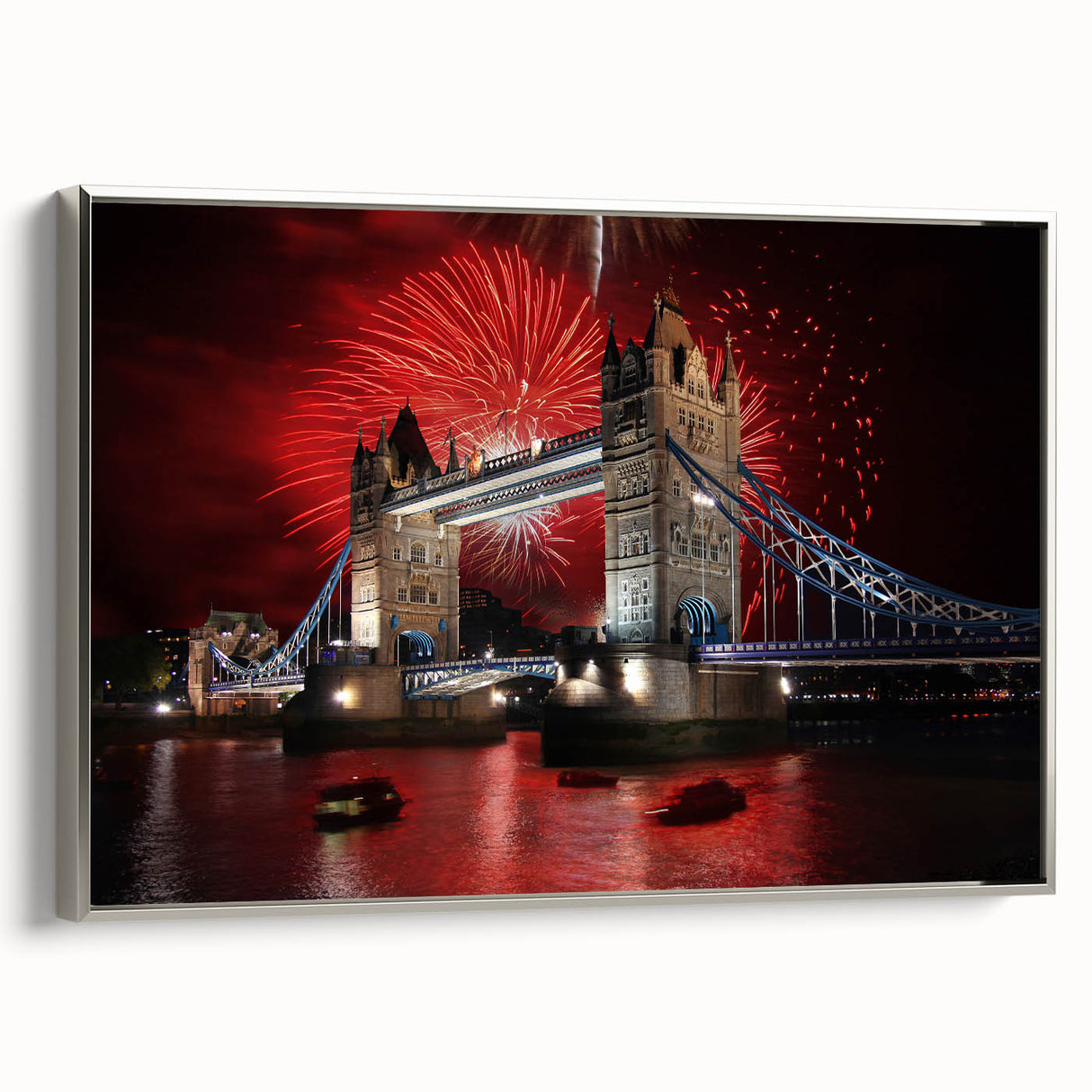 Landscape art painting of Tower Bridge in muted black and silver tones on a framed canvas.