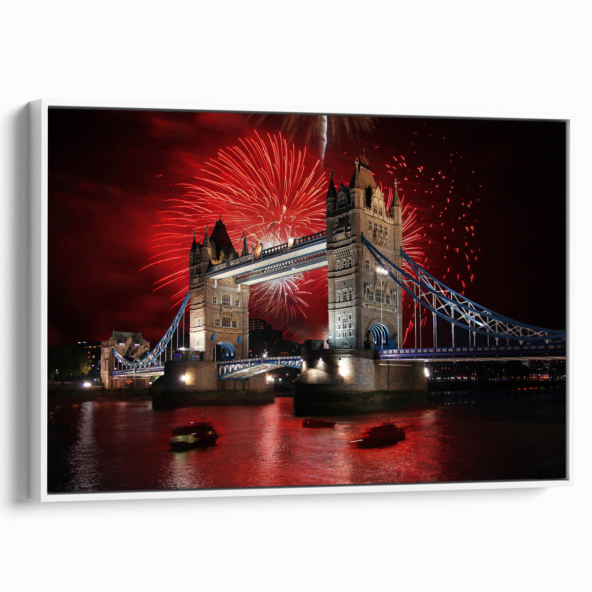 Framed canvas of vintage poster art featuring the Tower Bridge in muted black and white, ideal for living room decor.