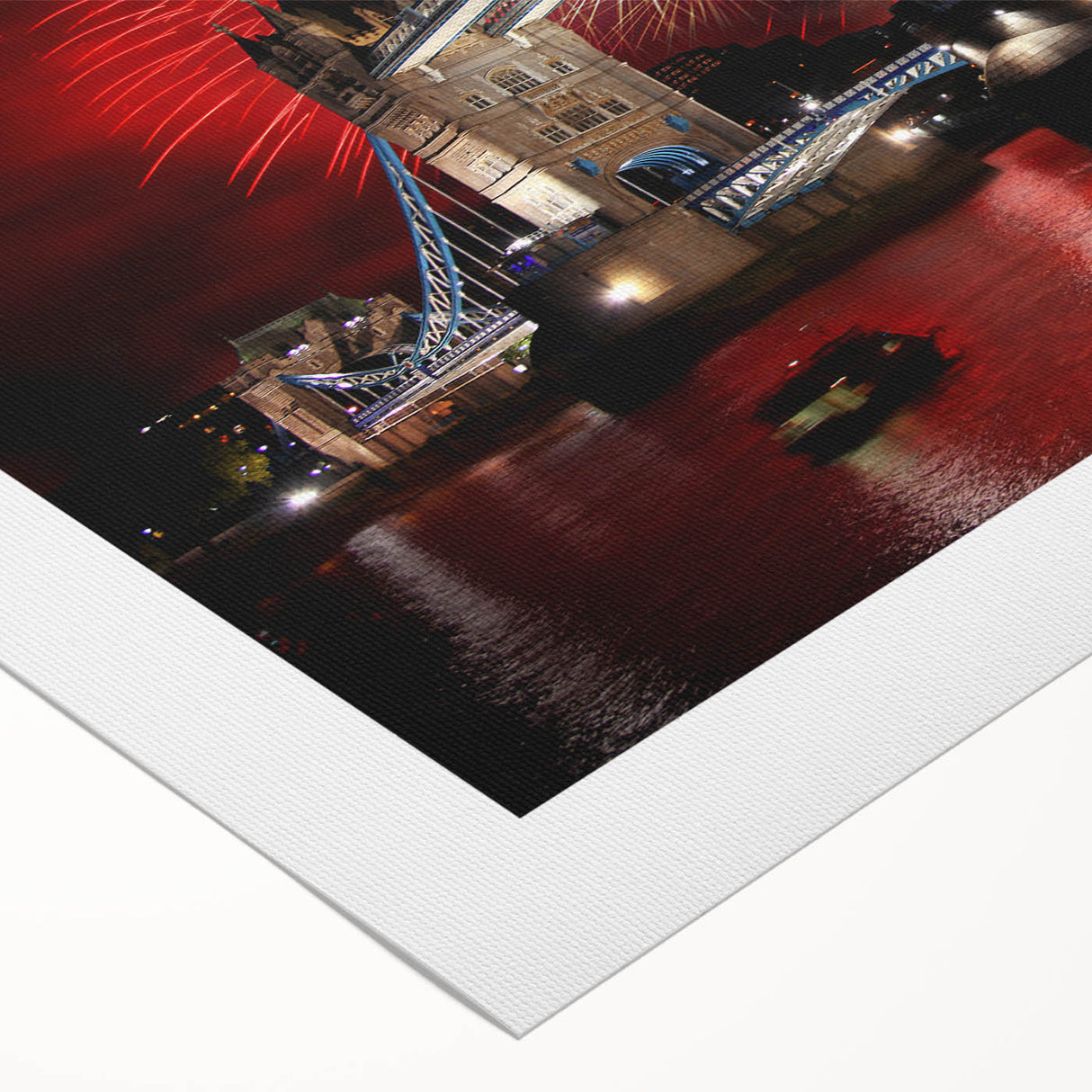Art deco poster of Tower Bridge in muted gray and blue tones on rolled canvas, suitable for dining room wall art.