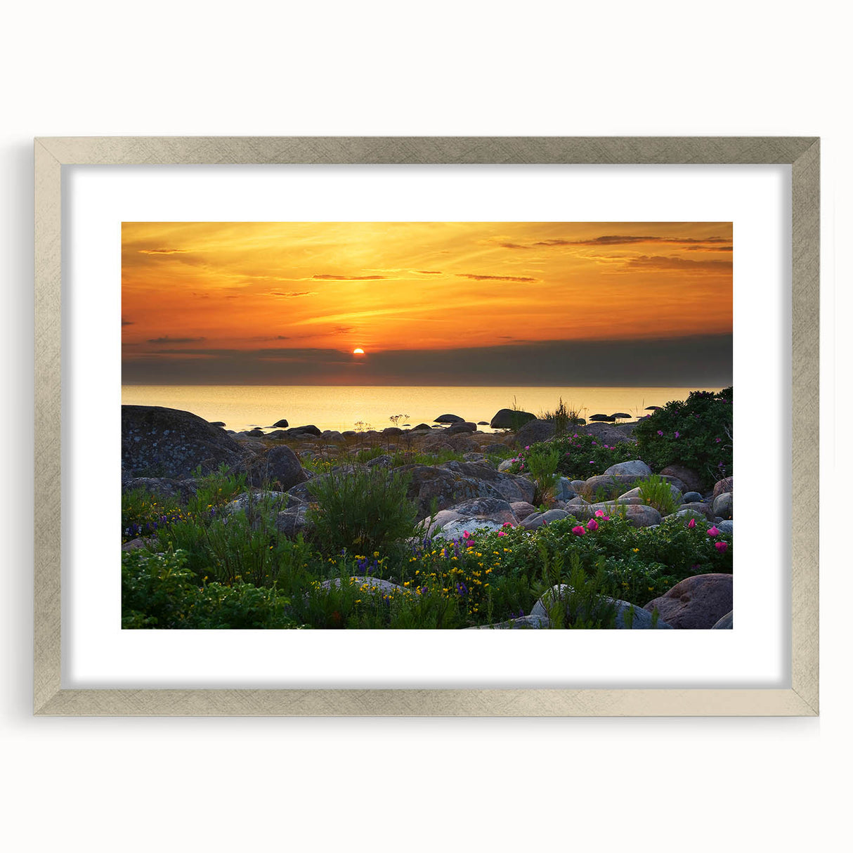 Extra large abstract art print depicting a textured European scenery in muted earth tones, framed in silver.