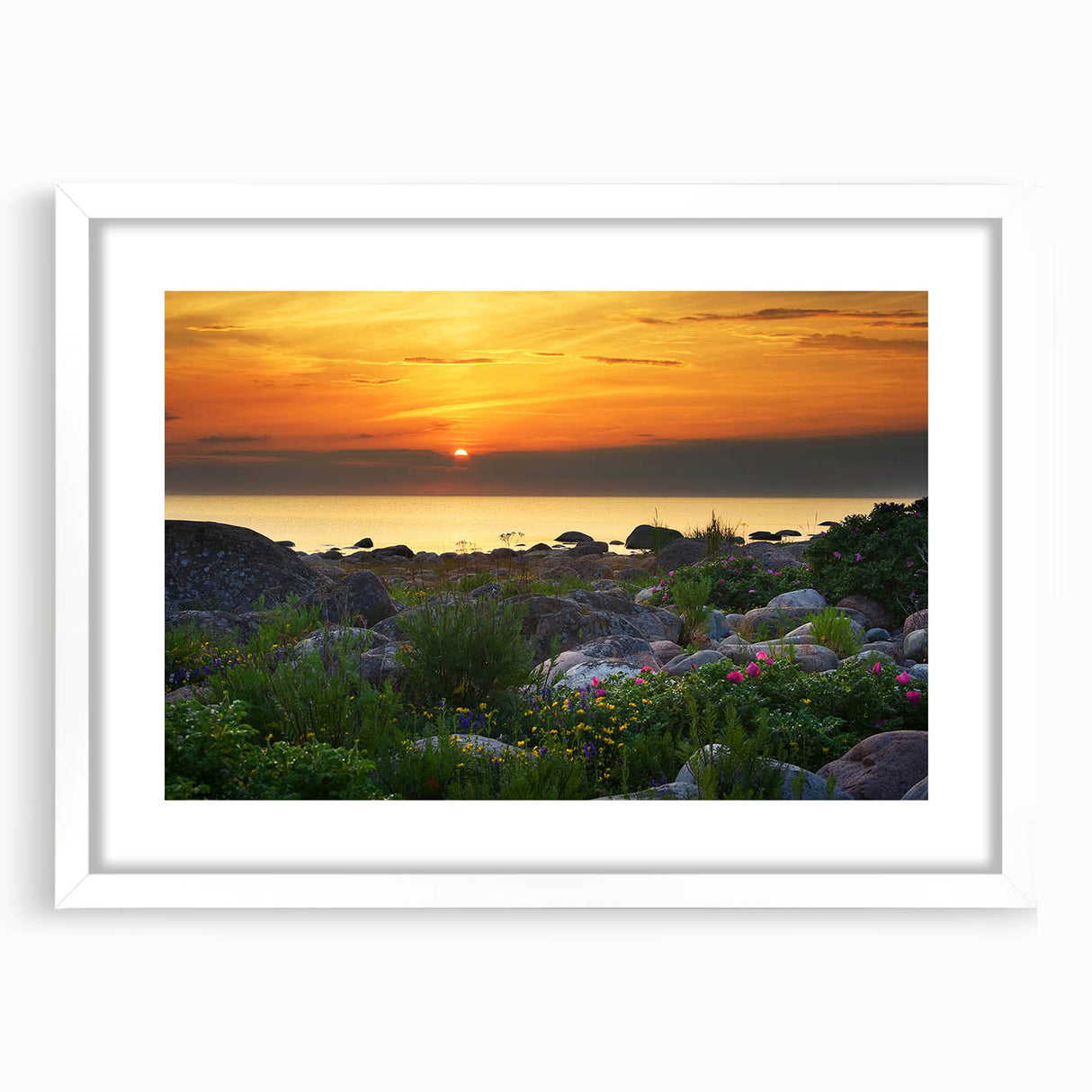 Textured abstract art print of a European scenery in muted earth tones on a framed white mat, ideal for bedroom art.