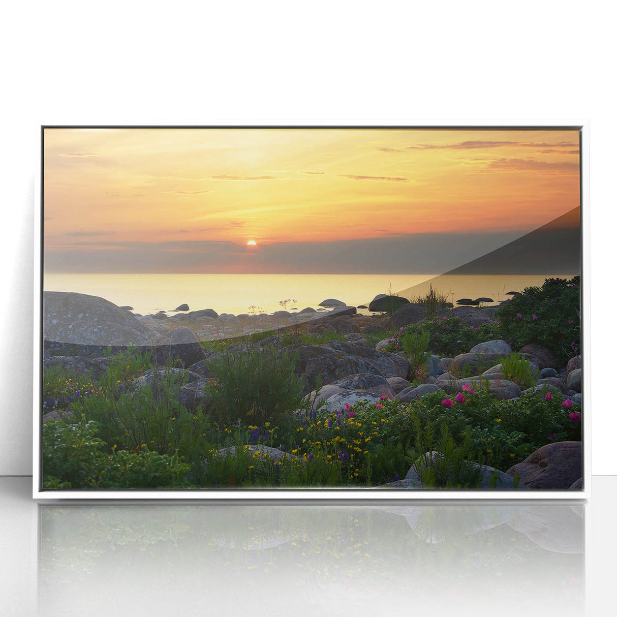 Mid-century modernist art depicting a serene Estonian landscape, in a white framed acrylic print, ideal for nursery wall art.