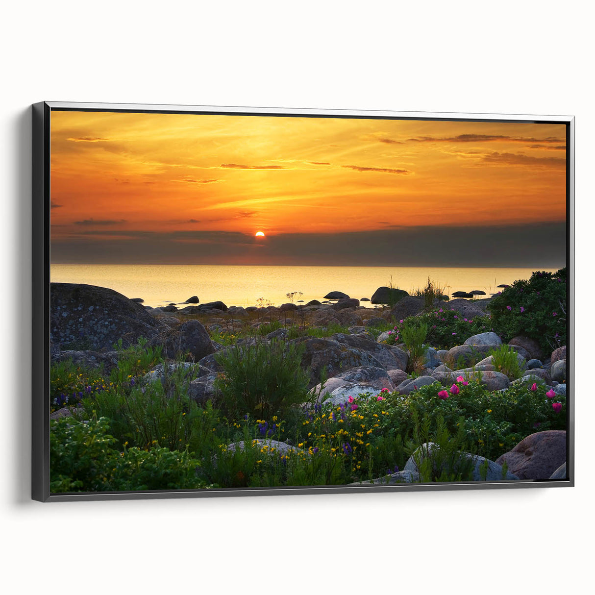 Black and white framed canvas depicting a vintage European landscape, ideal for bedroom wall art.