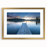 Abstract art print of a serene Finnish landscape in muted blues and greens, framed in gold, ideal for dining room decor.