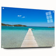 Large abstract wall art of a Corsican landscape in blue and green tones on acrylic glass, ideal for dining room decor.