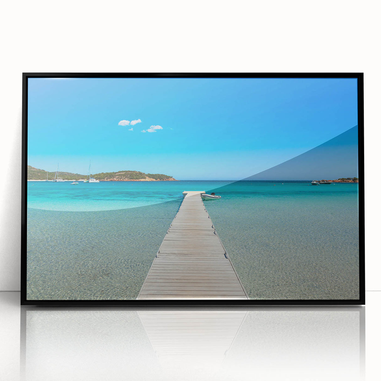 Large abstract wall art depicting a Corsican landscape in muted earth tones, framed in black acrylic.