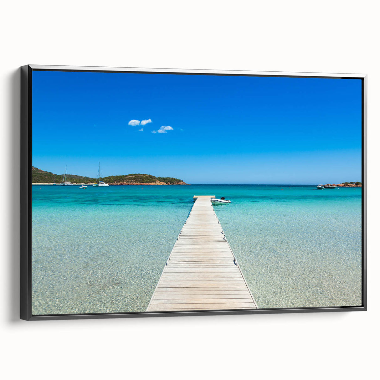 Black and white framed canvas of a vintage Corsican landscape, ideal for bedroom wall decor.