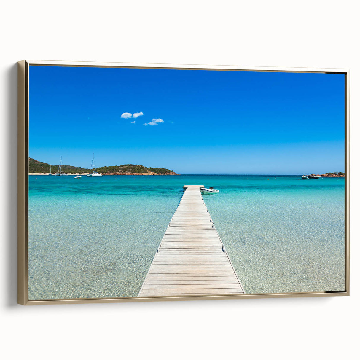 Framed canvas featuring a vintage-style landscape painting of Corsica in muted gold and black tones.
