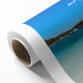 Art Deco style poster of a serene Corsican landscape in pastel shades on rolled canvas, suitable for nursery wall art.
