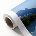 Art deco poster of the French Alps in muted blue and white tones on rolled canvas, ideal for nursery wall art.