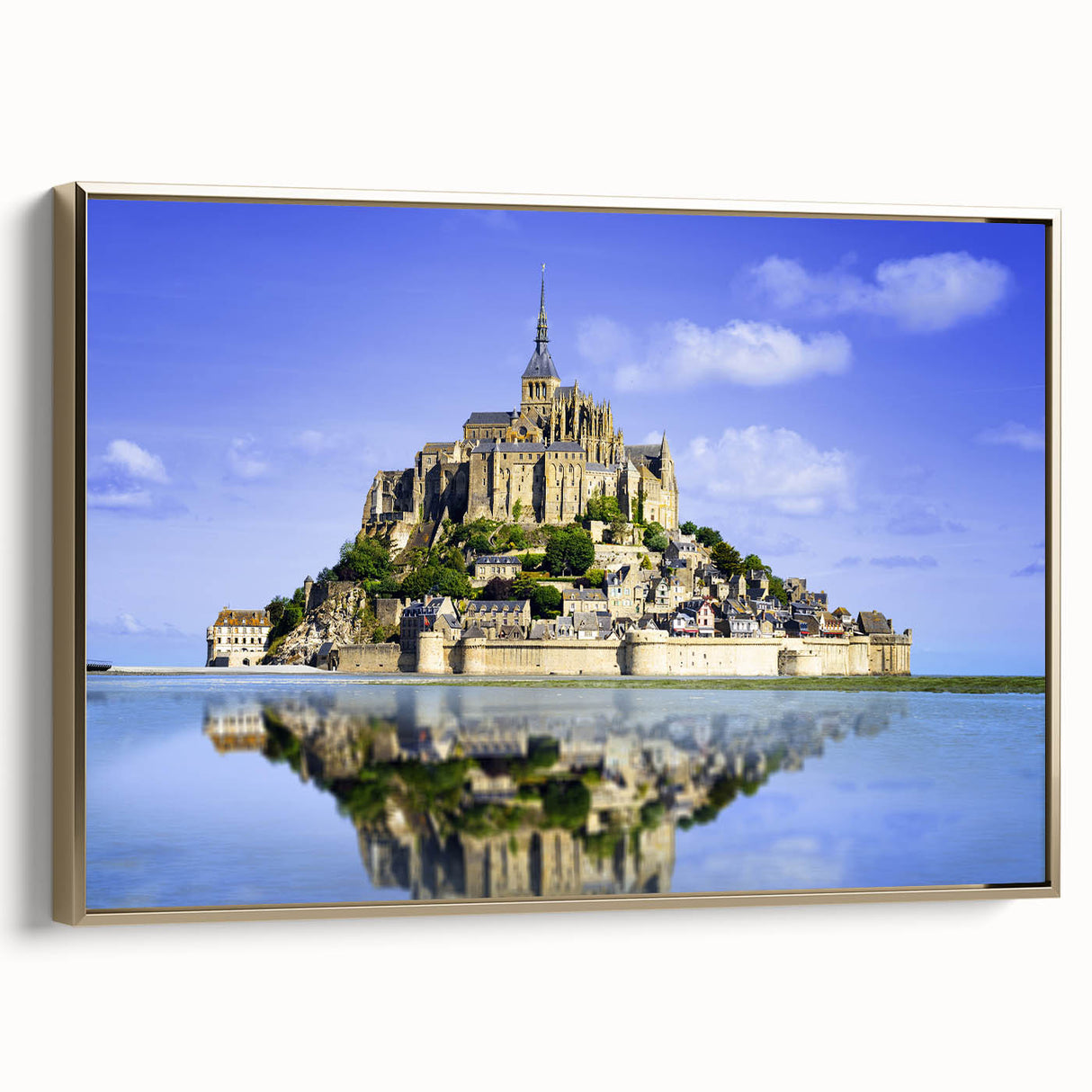Framed canvas depicting a vintage-style landscape of a French scenery in black and gold tones, ideal for bedroom wall art.