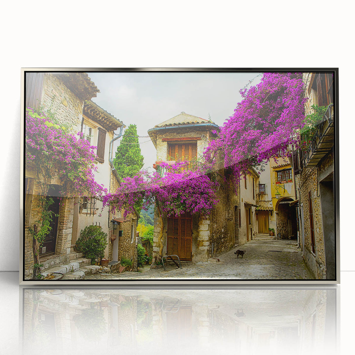 Mid-century modernist art of Nice, France with muted blue and tan tones on a silver-framed acrylic print.