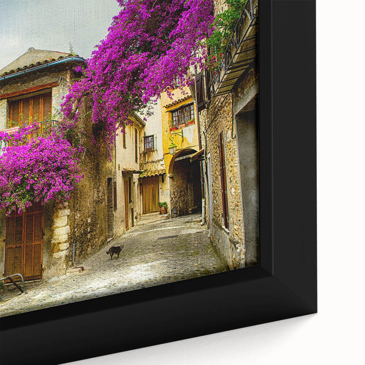 Extra large framed canvas featuring a textured, colorful depiction of Nice, France in black with vibrant hues.