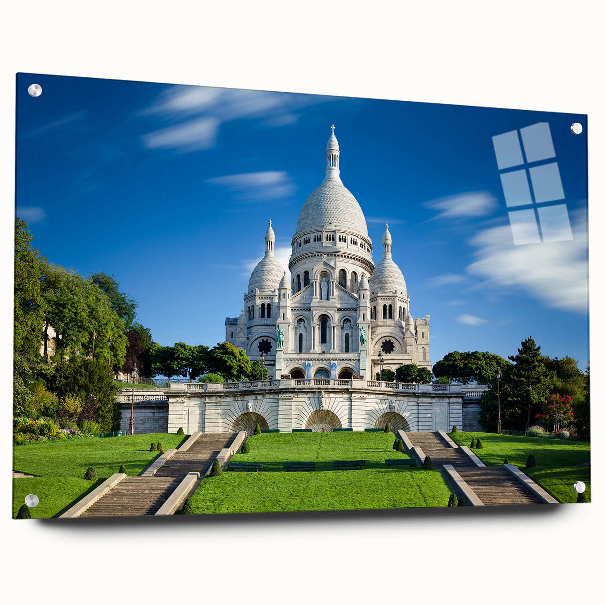 Acrylic print of Paris scenery with muted blue and gray tones, suitable for bedroom or dining room decor.