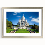 Extra large abstract art print depicting a textured Paris scenery in muted gray tones, framed in silver.