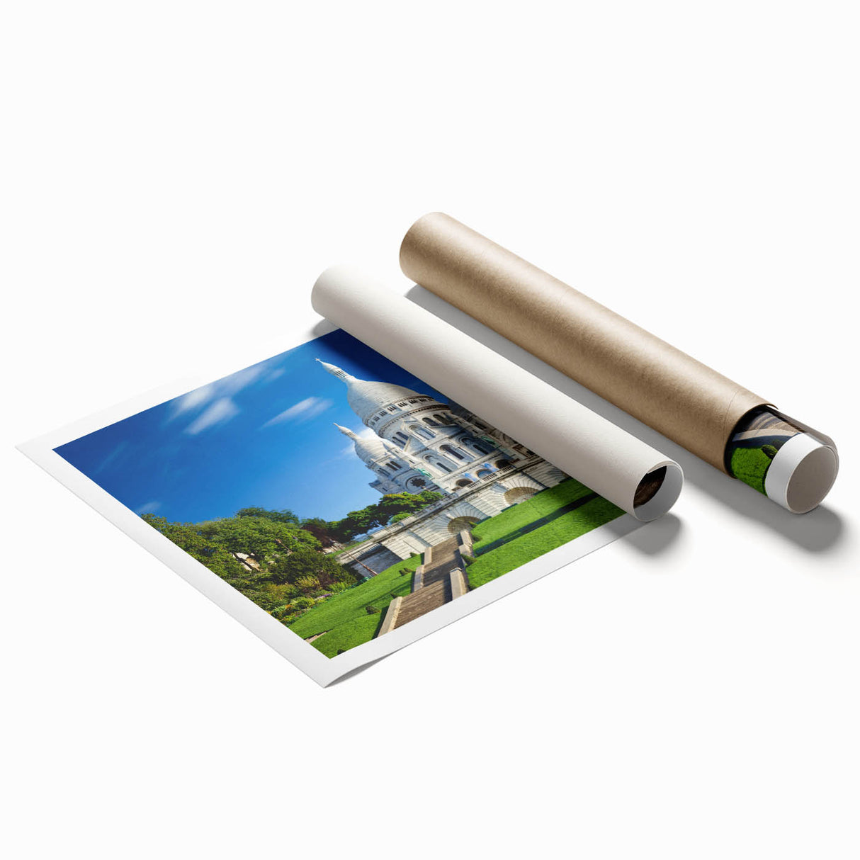 Extra large rolled print depicting a floral Parisian street scene in pastel shades, ideal for classy bathroom wall art.