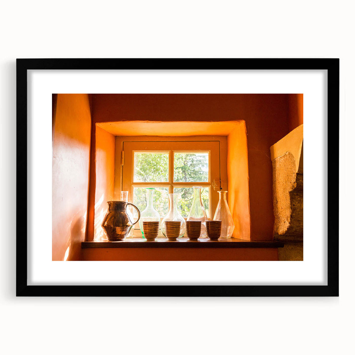 Extra large colorful art print featuring abstract, textured scenery of southern France in a black frame.
