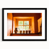 Extra large colorful art print featuring abstract, textured scenery of southern France in a black frame.
