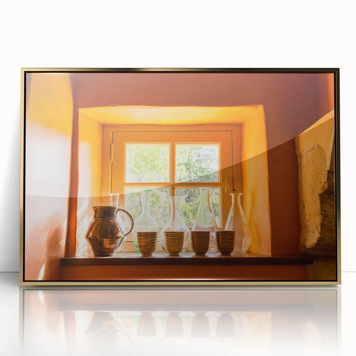 Art deco style poster of a scenic South France landscape in muted gold tones, framed acrylic.
