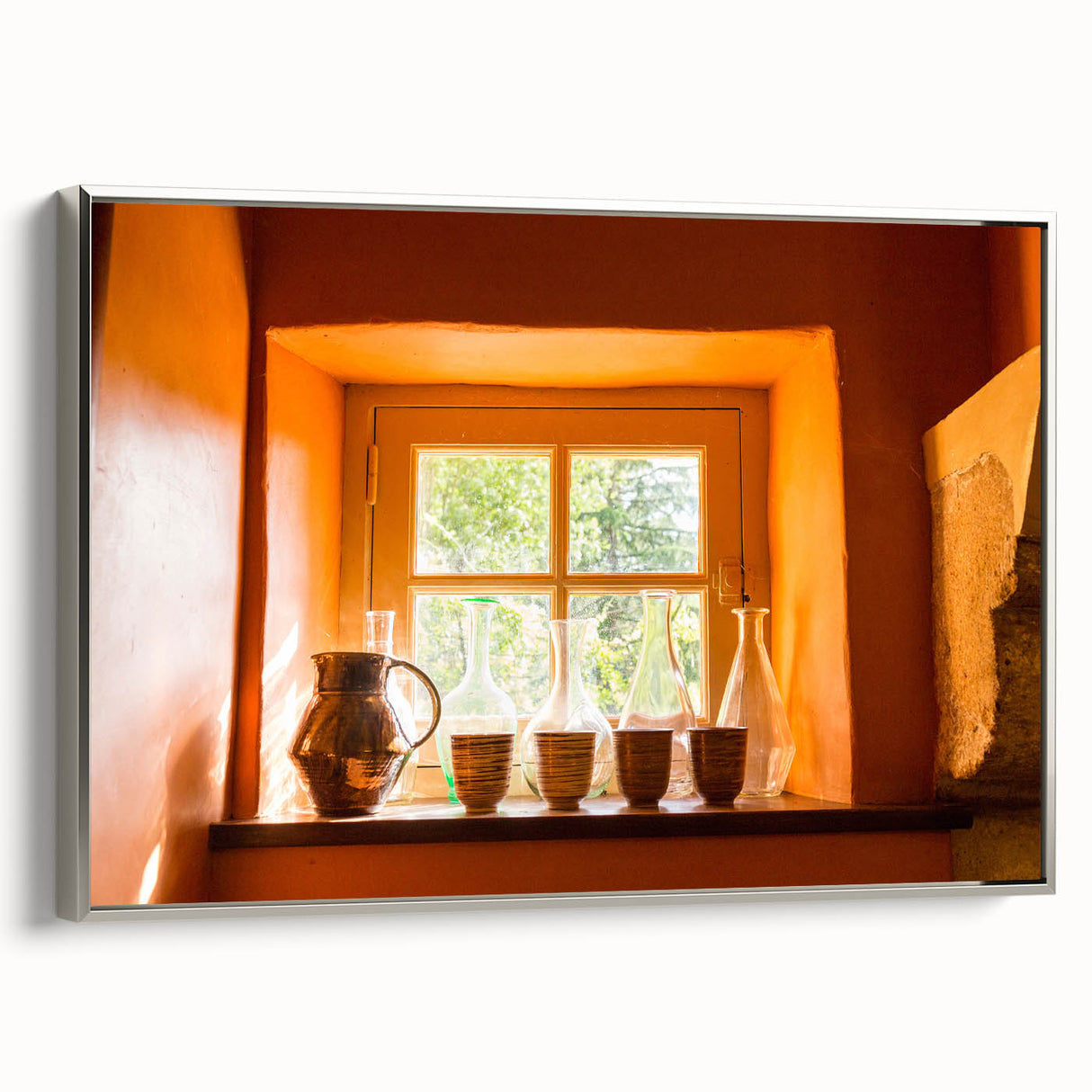 Framed canvas landscape art painting depicting a vintage European scenery in colorful tones, suitable for living room decor.